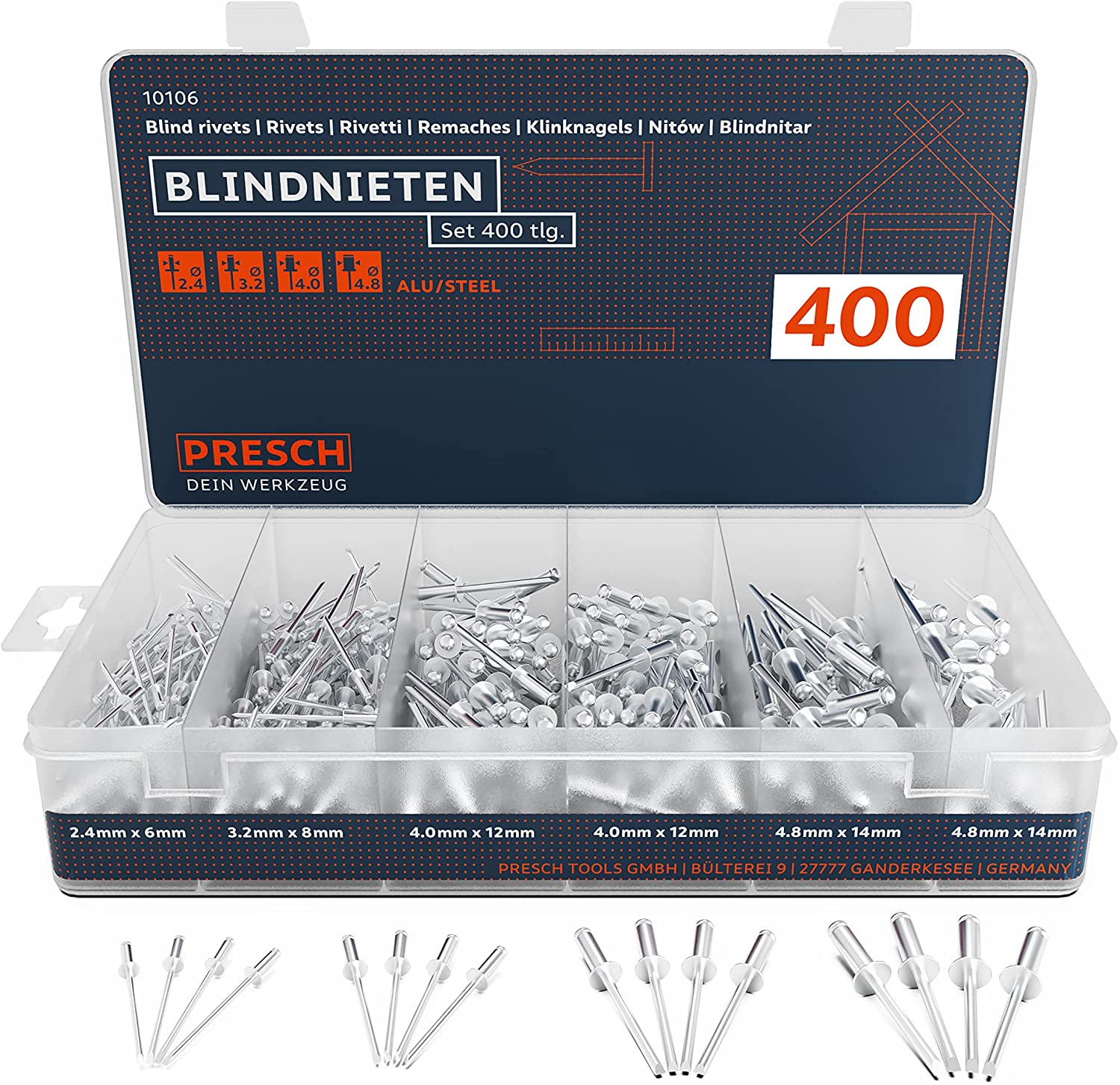 Blindnieten Set 10er Pack Edelstahl Blind/Pop Nieten 3/4/5/6,4 mm Dia