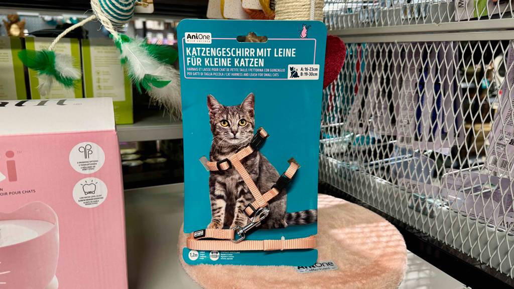 Im Test: Das Katzengeschirr Kitten in der türkisfarbenen Verpackung steht in einem Verkaufsbereich für Tierprodukte.