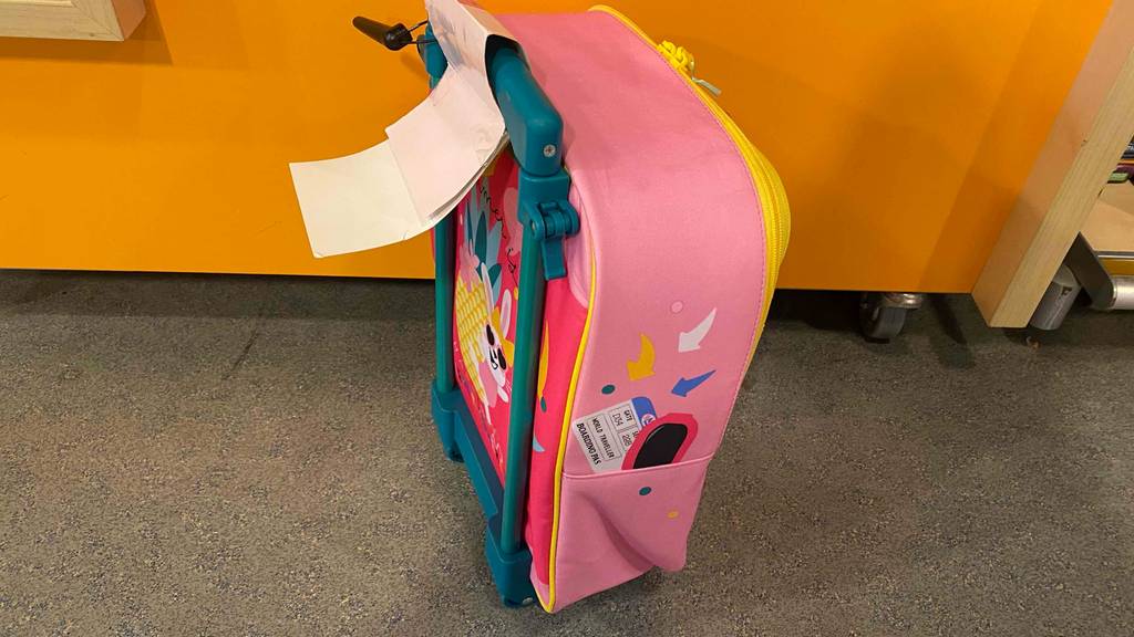 Kindertrolley-Test: rosa Kindertrolley mit grüner Teleskopstange stehend.