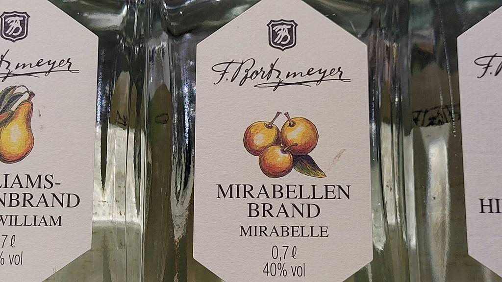 Detailansicht des Etiketts auf der transparenten Glasflasche mit dem 40-prozentigen Mirabellenschnaps im Test.
