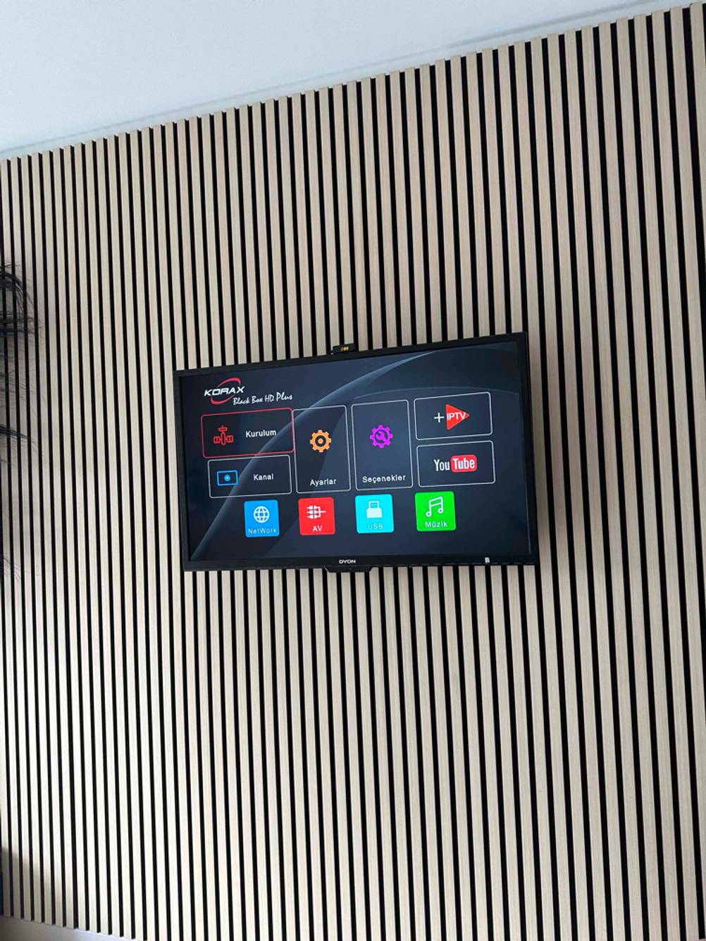 Ein getesteter Dyon-Fernseher im eingeschalteten Zustand, in der Menüübersicht.