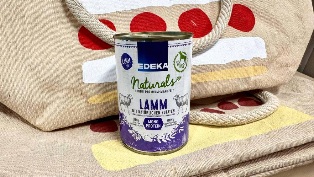 Das getestete getreidefreie Nassfutter für Hunde steht vor Taschen.