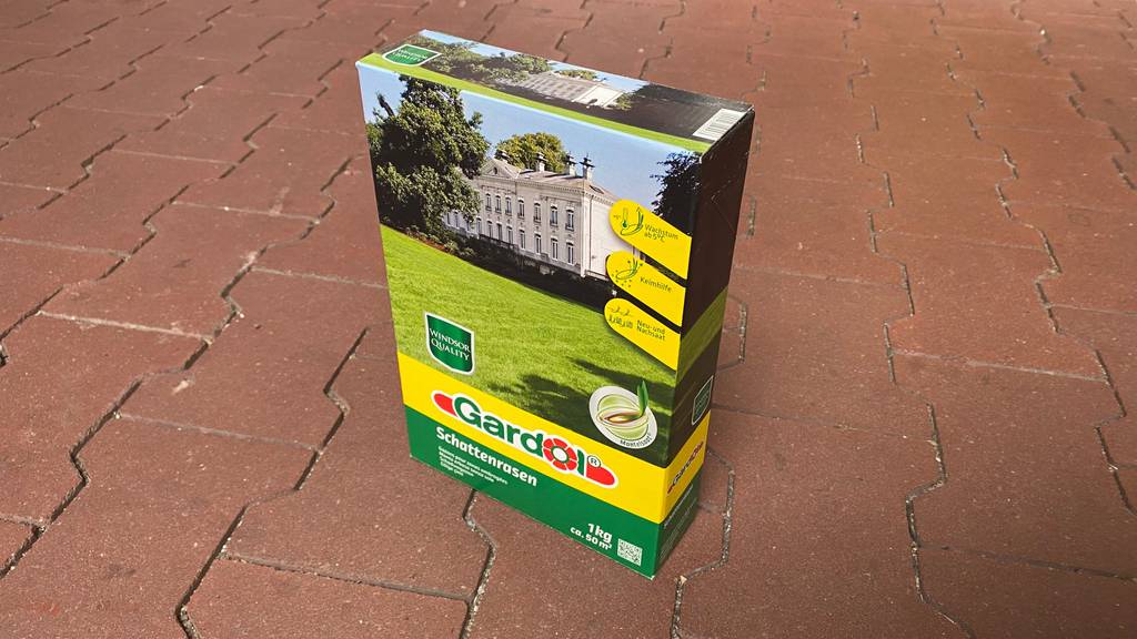 Im Test: Auf einem Steinboden steht eine Packung Schattenrasen.