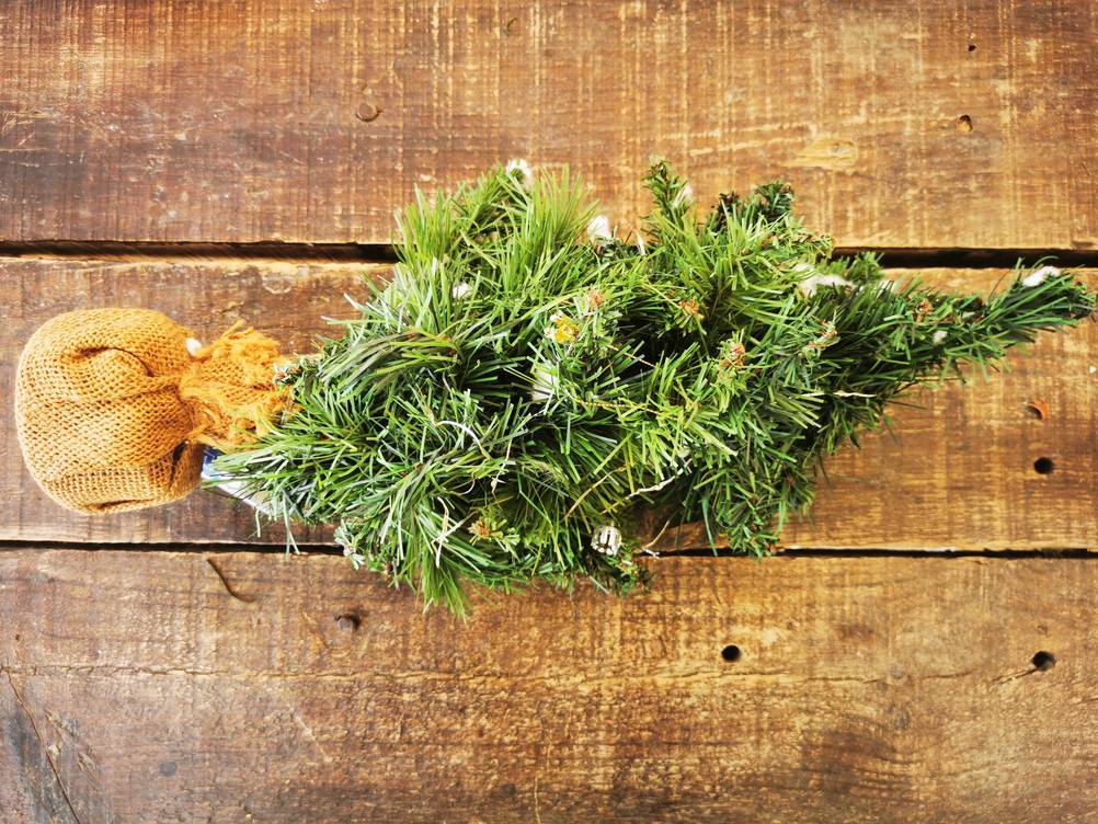 Der getestete Mini-Weihnachtsbaum ist im liegenden Zustand auf einer Holzfläche platziert.