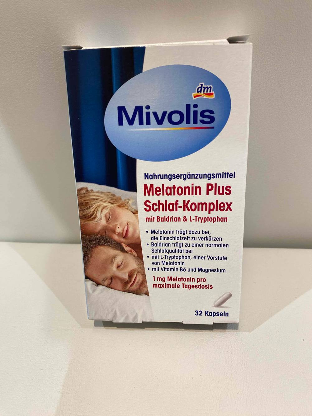 Die Mivolis Melatonin-Kapseln, die getestet wurden von vorn ersichtlich.