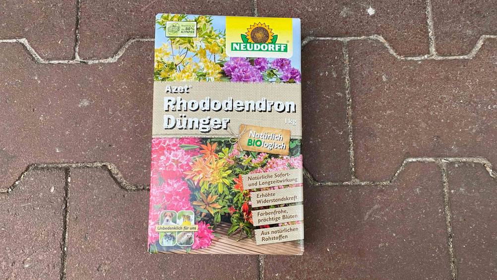 Rhododendron-Dünger im Test: Eine Packung liegt auf einem grauen Steinboden