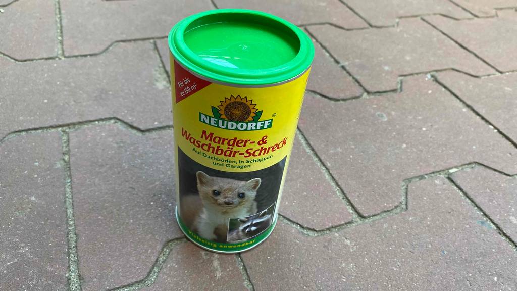 Im Test: Eine Dose Marderschreck auf einem Pflasterboden stehend