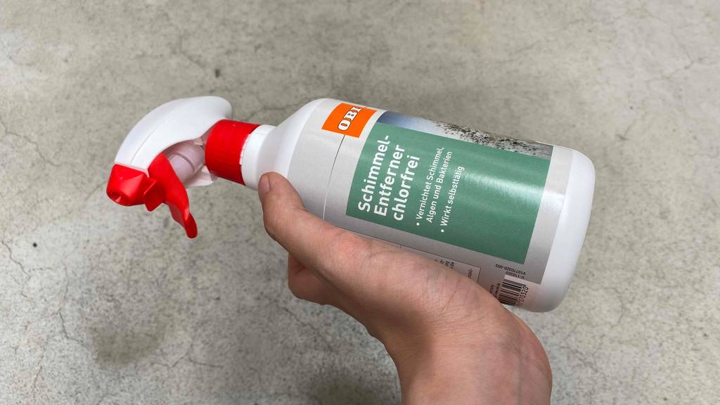 Schimmelentferner im Test: Schimmelentferner-Spray wird in der Hand gehalten