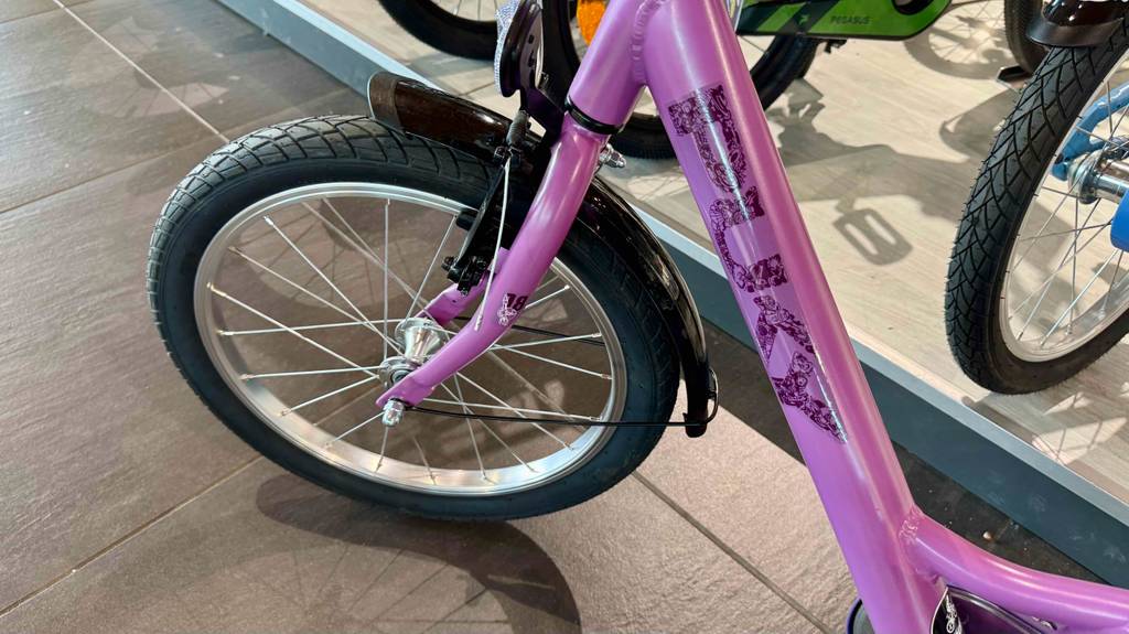 Detailansicht des Vorderrads von einem Mädchenfahrrad 18 Zoll im Test.