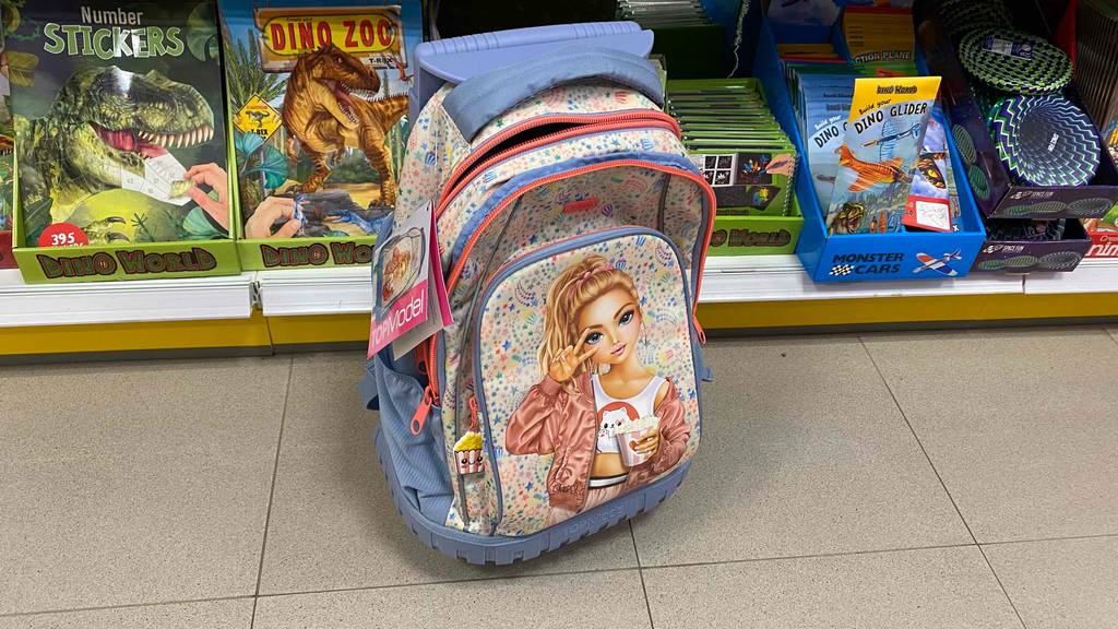 Ein getesteter Schultrolley vor einem Regal von vorne.