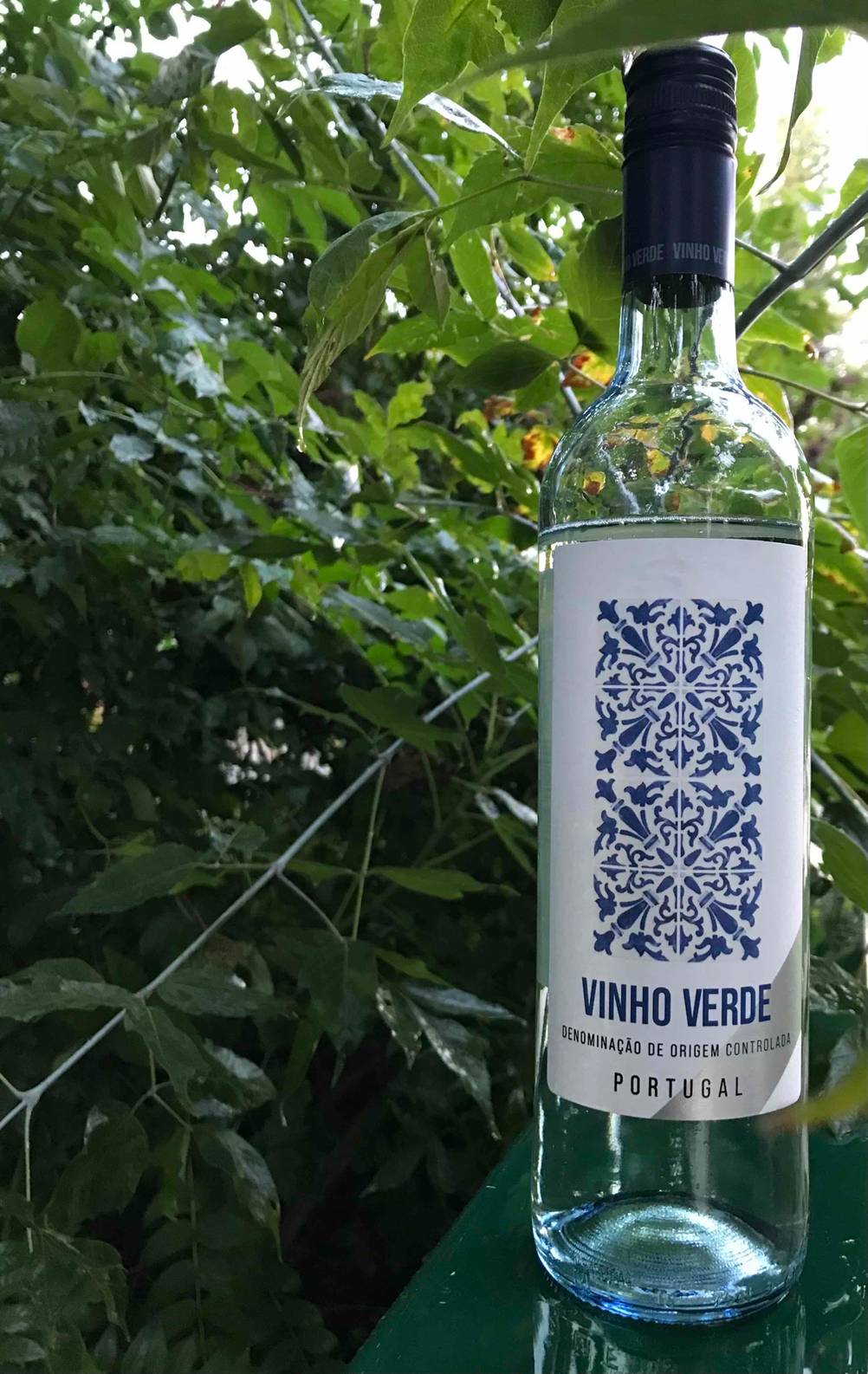 Eine Flasche des getesteten Weißwein (lieblich) steht draußen auf einer grünen Fläche.