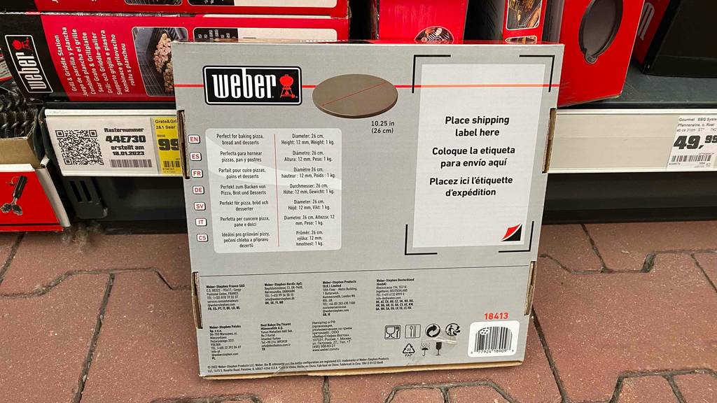 Runder Pizzastein getestet: Rückseite von Verpackung eines Pizzasteins ersichtlich mit einem Durchmesser von 26 cm.