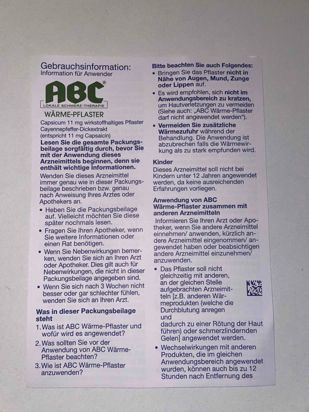 Gebrauchsanweisung von Wärmepflaster.