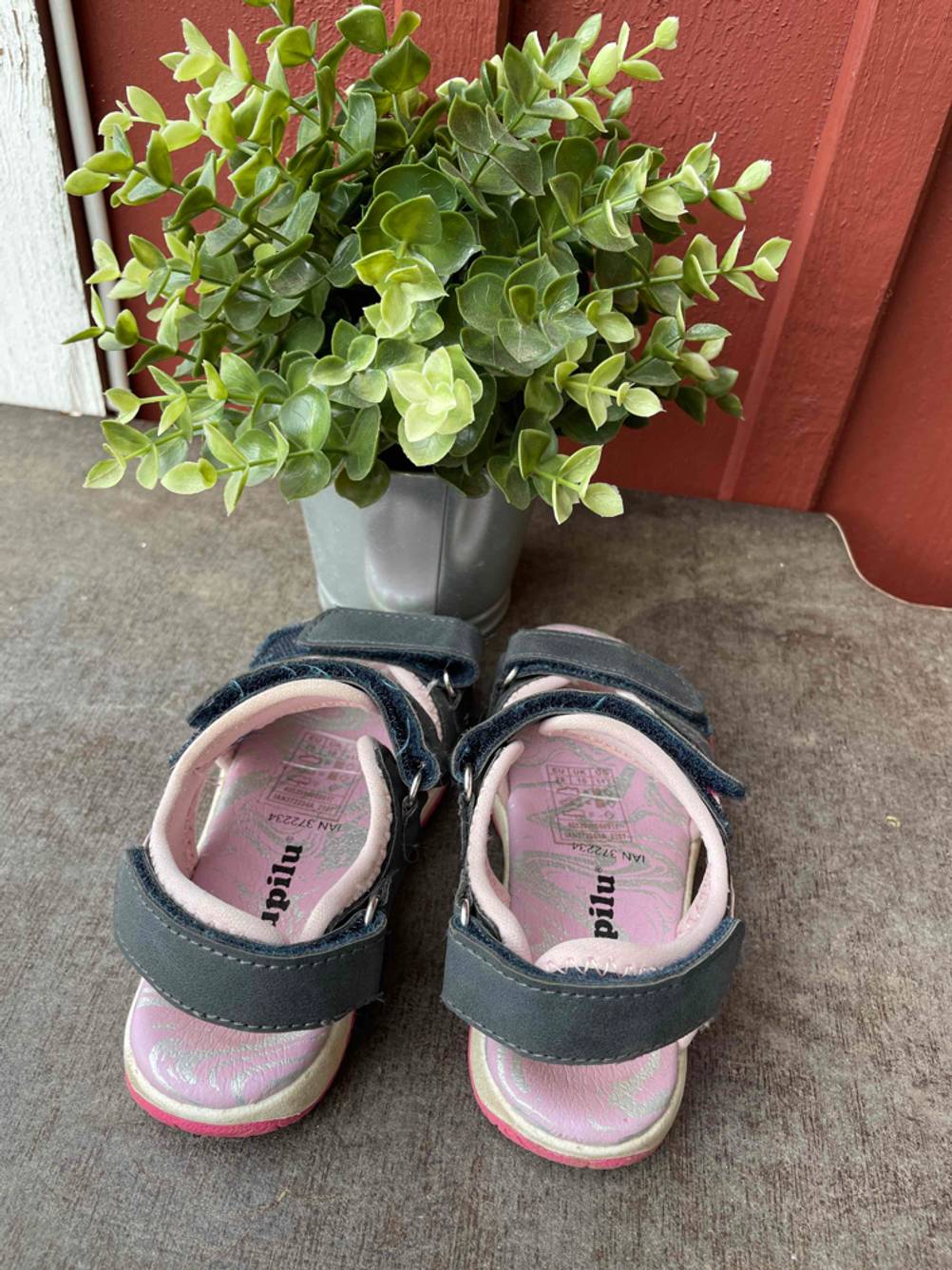 Kindersandalen im Test: ein Paar Kindersandalen mit Klettverschluss vor einer Pflanze platziert.