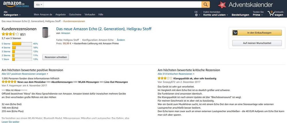 Screenshot von Kundenrezensionübersicht des Amazon Echo 2.Generation