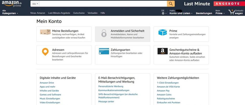Screenshot von der mein Konto Übersicht bei Amazon