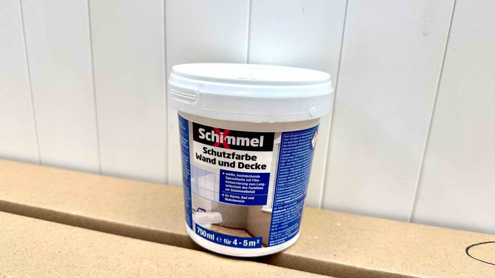 Die getestete Anti-Schimmel-Farbe steht vor einer weißen Wand.
