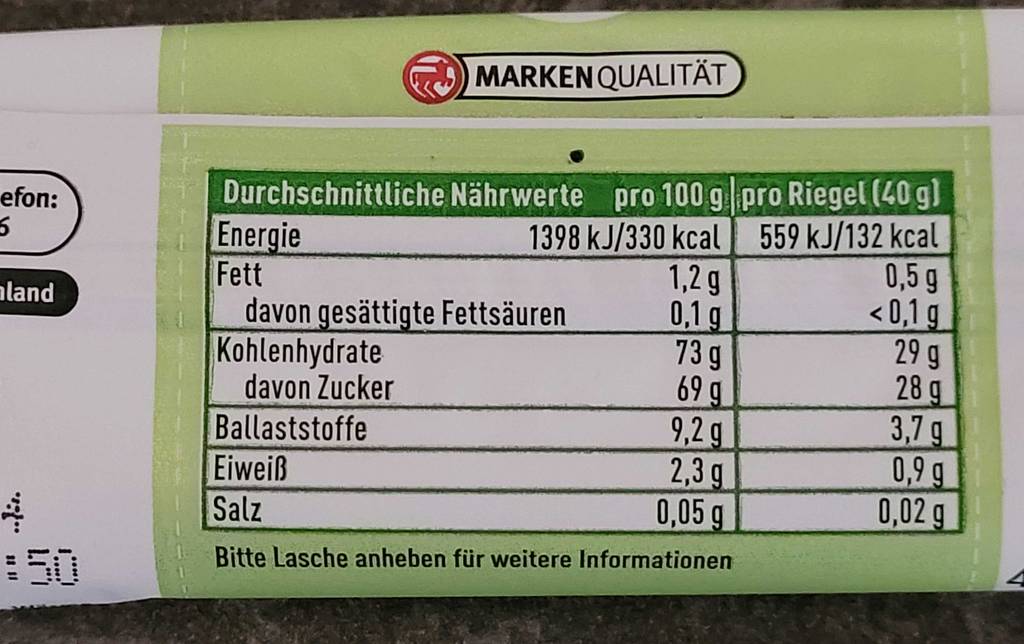 Fruchtriegel im Test: Nahaufnahme Nährwärte Verpackung Fruchtriegel