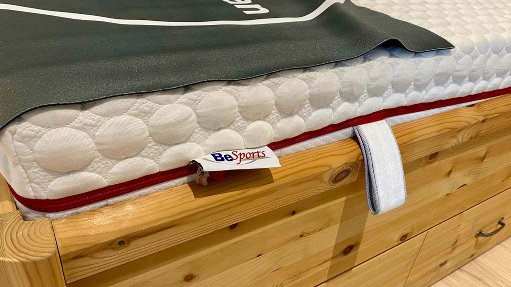 Matratze 80 x 200 cm getestet: Detailaufnahme Label mit Logo an der Matratze.