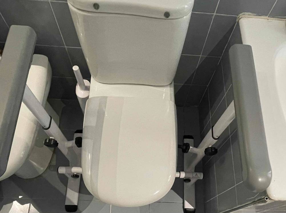WC-Aufstehhilfe im Test: Rechts und links an einer Toilette ist eine Aufstehhilfe montiert