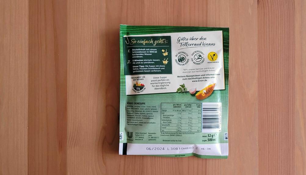 Rückseite mit Informationen einer getesteten Kürbissuppe.
