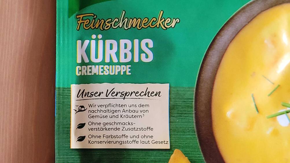 Kürbissuppe getestet: Detailaufnahme Artikelbezeichnung und Infos.