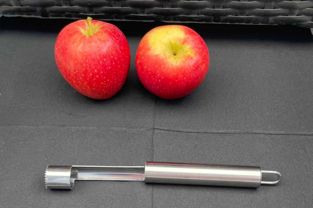 Apfelausstecher im Test: Ein Ausstecher liegt vor zwei Äpfeln auf einer grauen Fläche