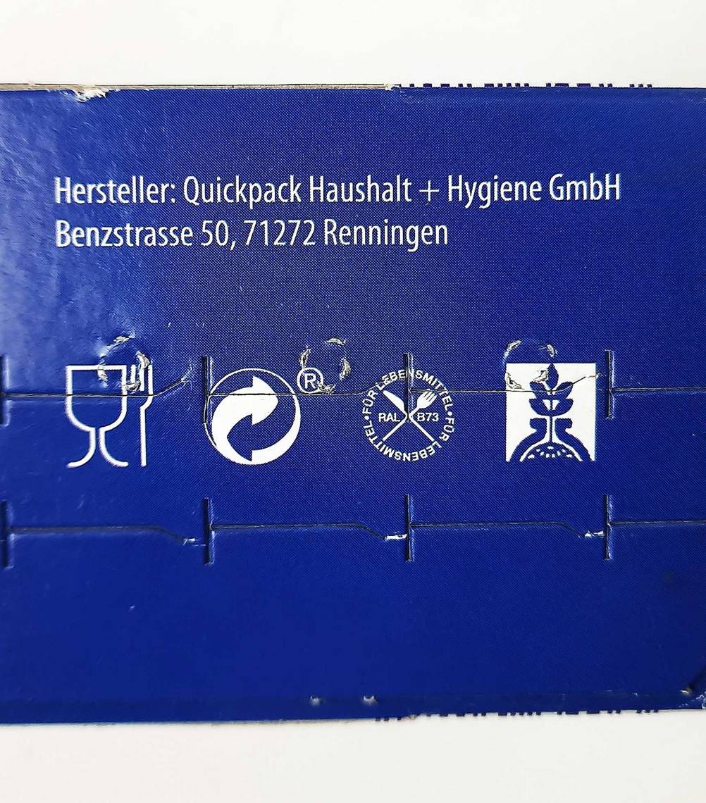 Applikationen und Herstellerinformationen auf der Verpackung der getesteten Küchenfolie.