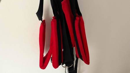 Liebesschaukel im Test: Liebesschaukel mit roten Polstern wird vor einer weißen Wand gehalten.