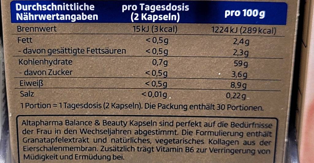 Nährwertangaben der getesteten Kollagen-Kapseln.