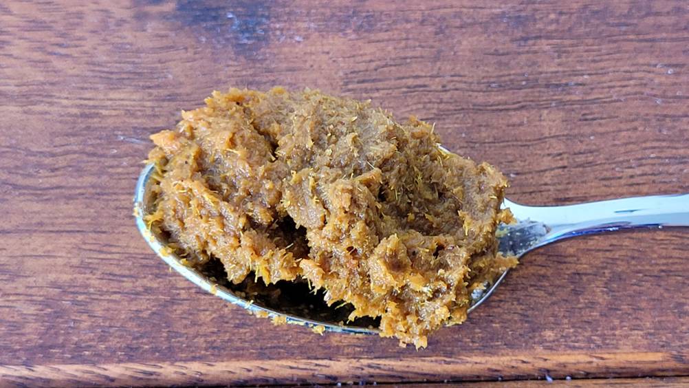 Gelbe Currypaste getestet: Nahaufnahme der Paste auf einem Löffel.