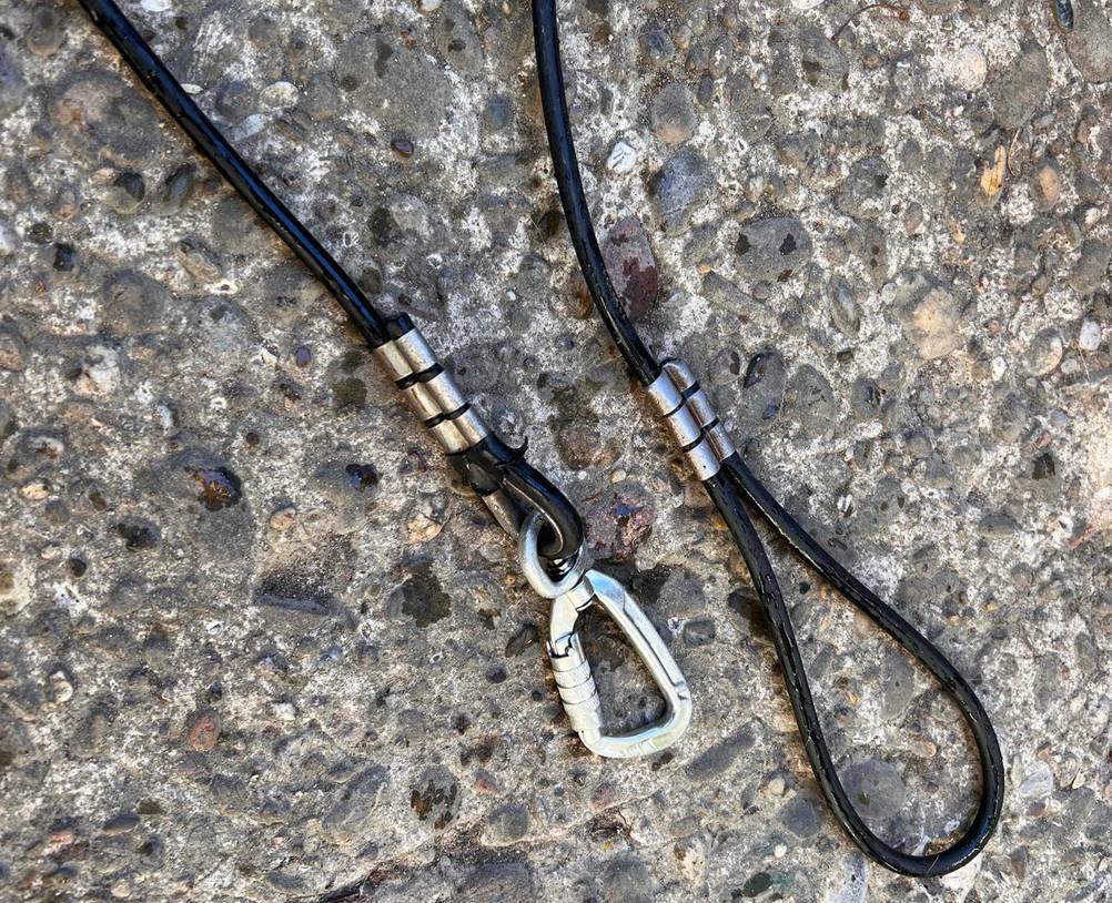 Schleppleine getestet: schwarze Schleppleine mit Handschlaufe und Karabiner.