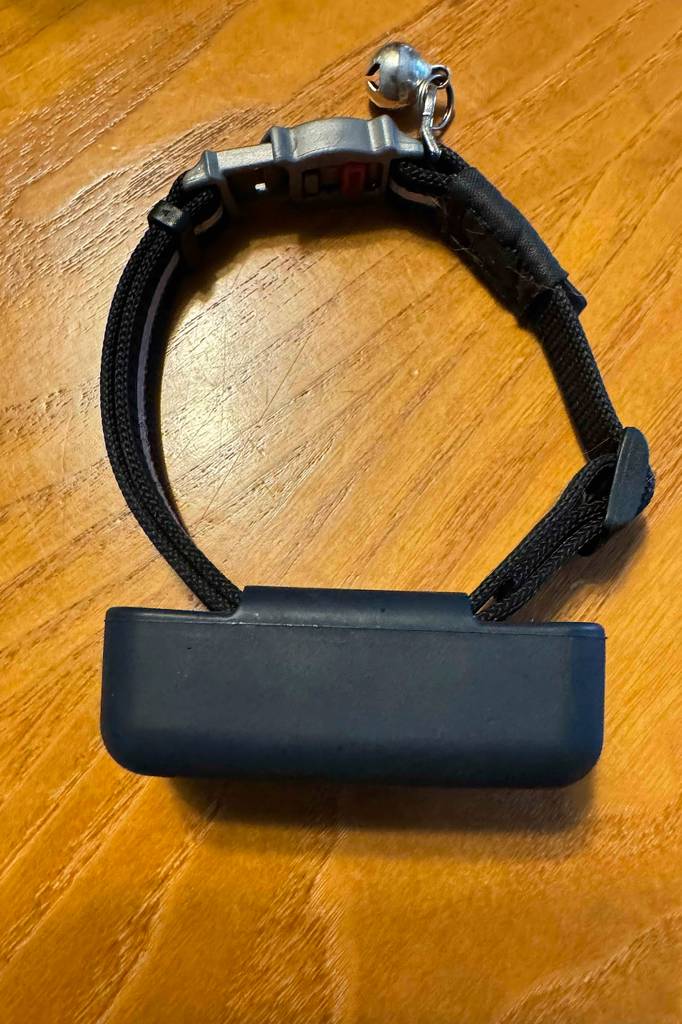 Das getestete Gps für Katzen, das sich auf einem Halsband befindet im geschlossenen Zustand.