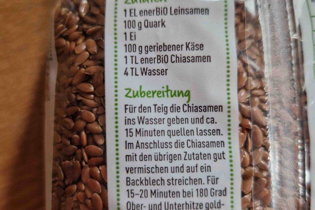Leinsamen im Test: Rezeptidee auf Verpackung.