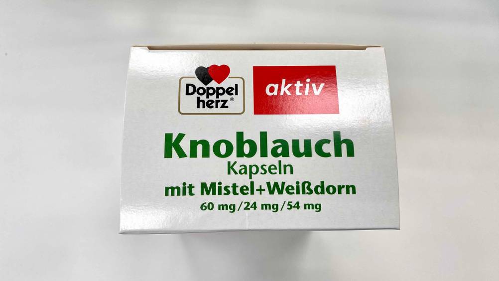 Knoblauch-Kapseln getestet: Nahaufnahme der Oberseite einer Packung.