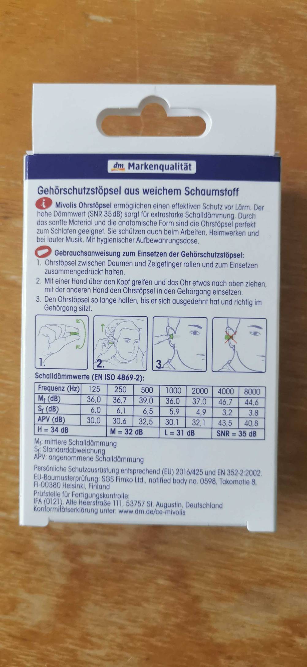 Im Test: Anwendungshinweise auf der Rückseite der Ohrstöpsel zum Schlafen.