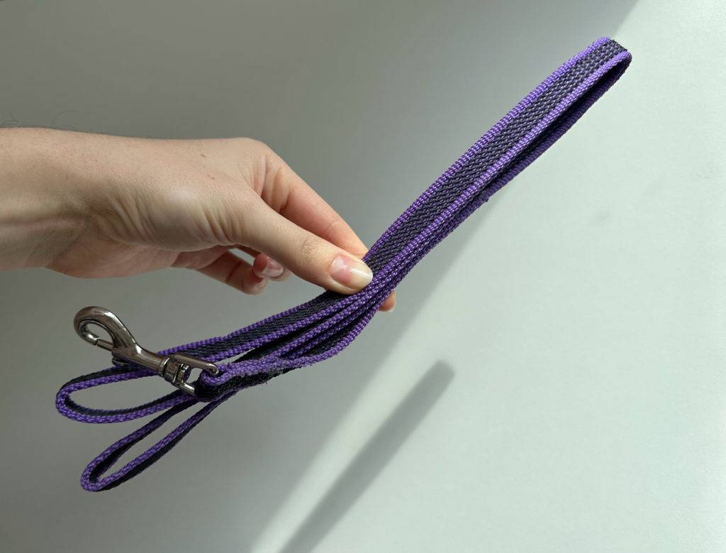 Eine violettfarbige, getestete Welpenleine wird in der Hand gehalten.