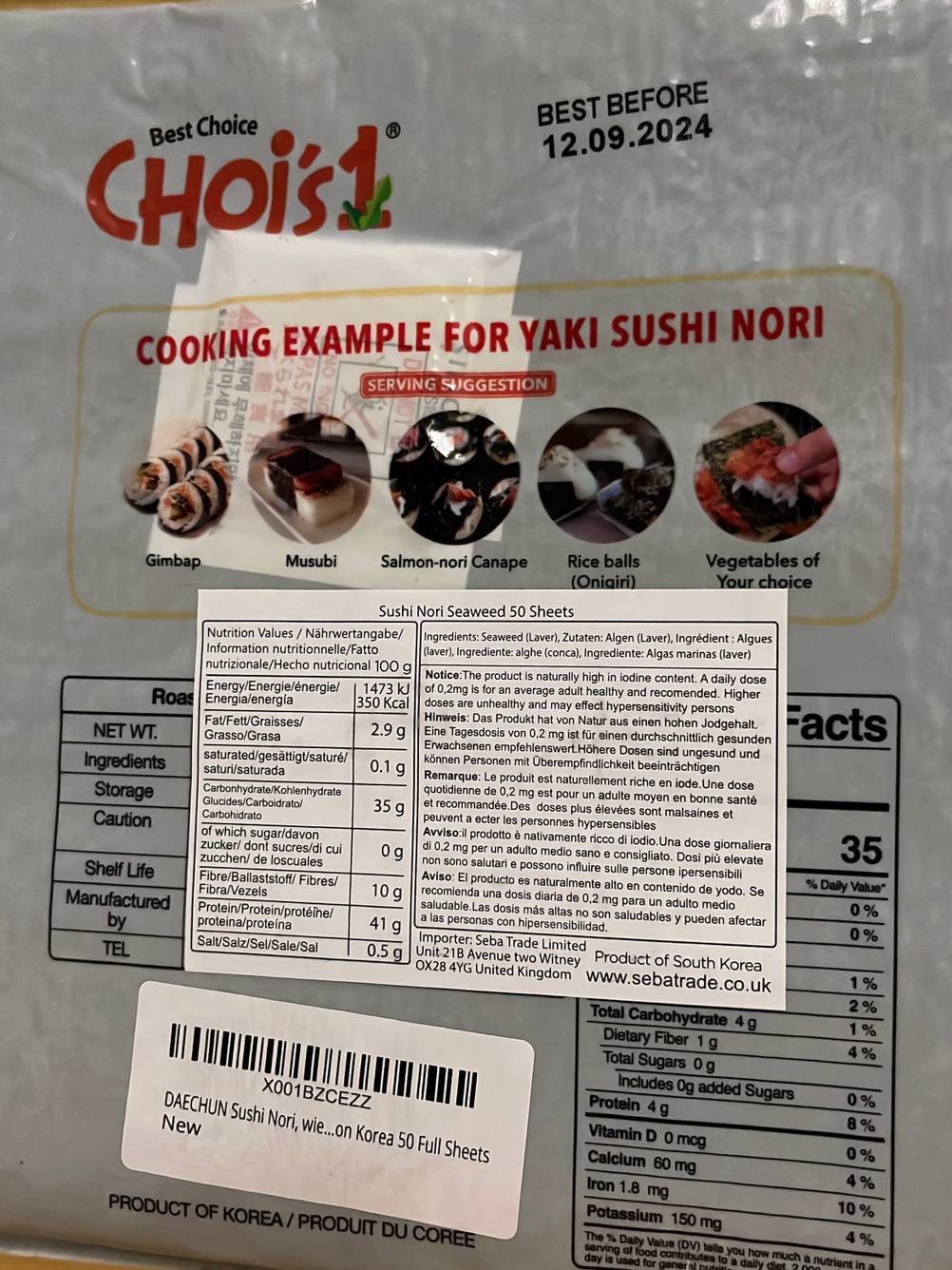 Im Test: Rückseite einer Packung Nori-Blätter in Nahaufnahme.