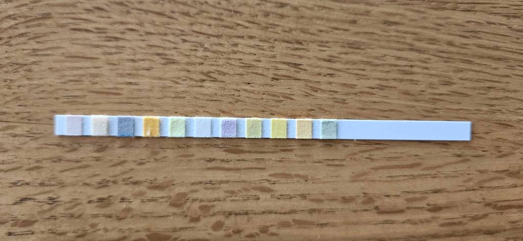 Auf einer Holzoberfläche liegt horizontal ein getesteter Urinteststreifen.