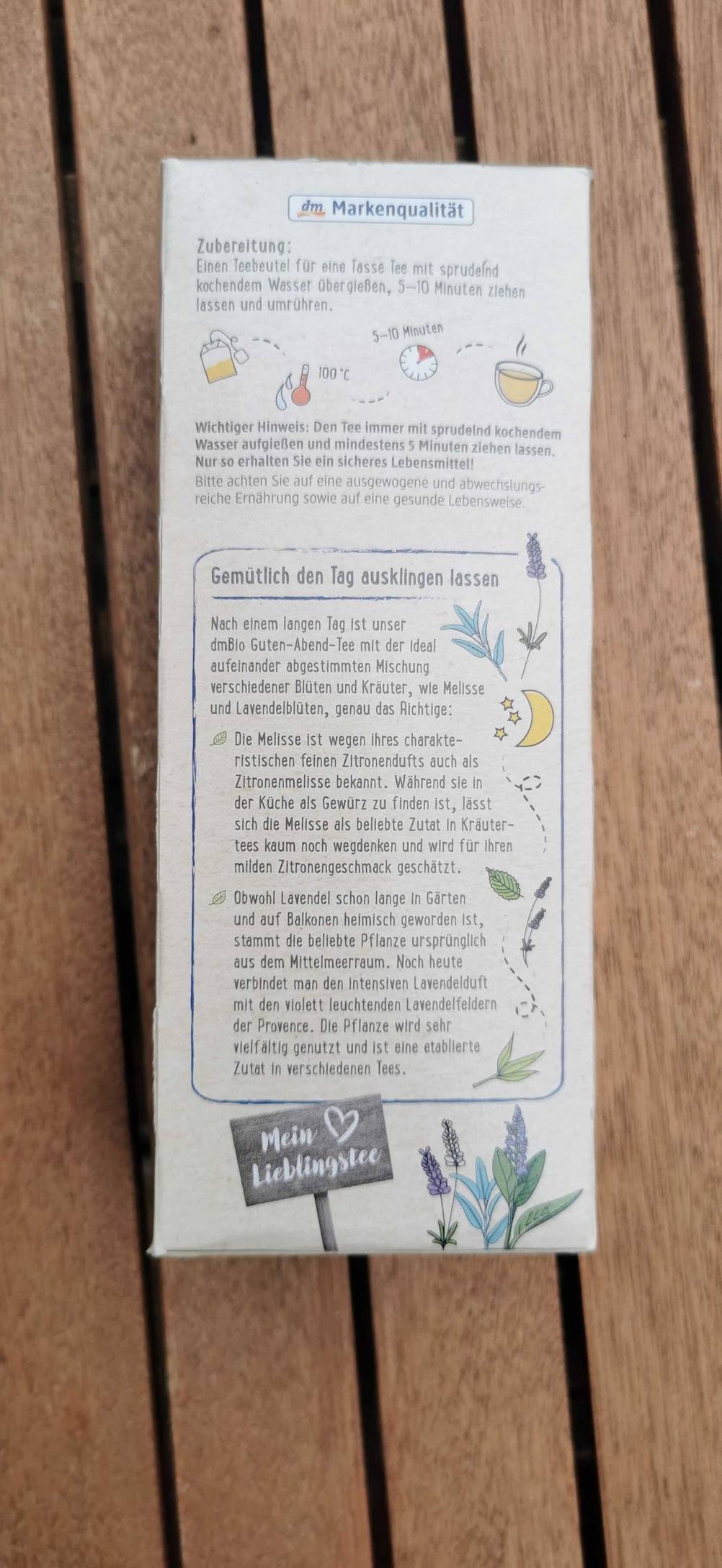 Lavendeltee getestet: Rückseite der Verpackung mit Zubereitungshinweisen.