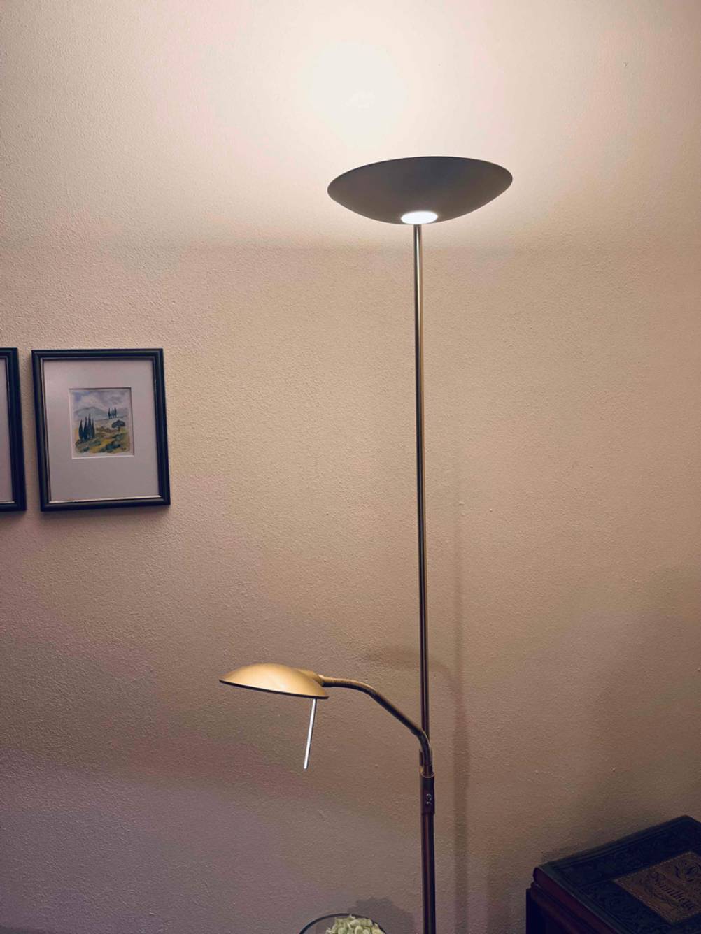Eine getestete Tageslicht-Stehlampe vor einer hellen Wand.