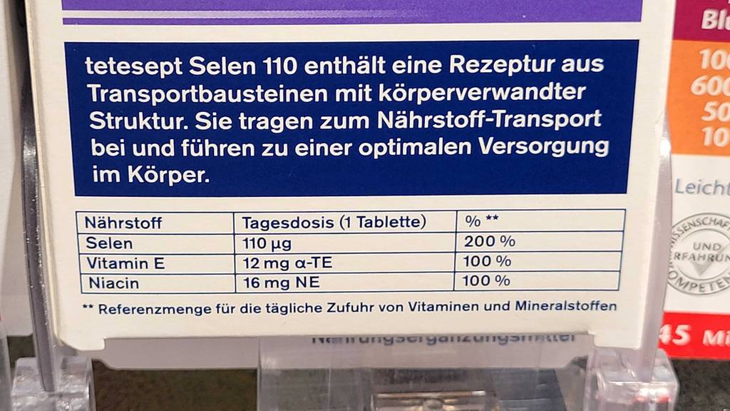 Informationen zu enthaltenen Vitaminen und Mineralstoffen des getesteten Selens.