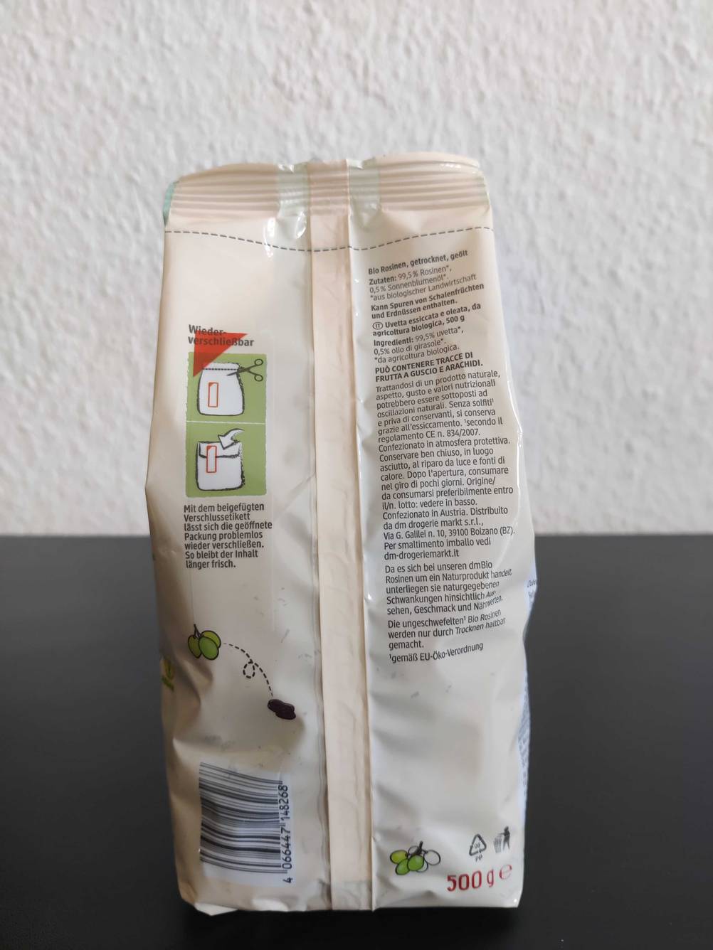 Rosinen Verpackung von hinten.