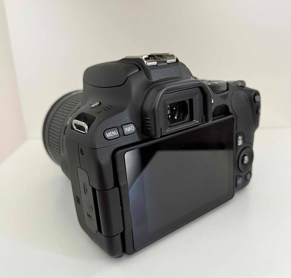 Canon-Systemkamera im Test: eine Canon-Systemkamera mmit Blick auf das Display stehend auf einer weißen Fläche.
