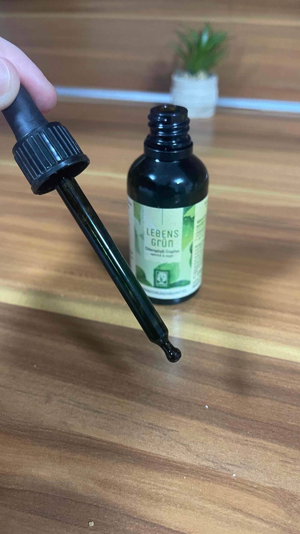Die Pipette der getesteten Chlorophyll-Tropfen wird in der Hand gehalten.