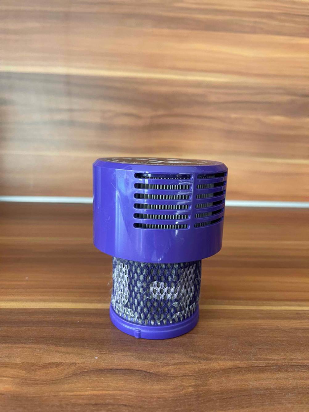 Dyson-V10-Filter im Test: Der abgenommene Filter in Nahaufnahme, der auf einer Holzfläche platziert ist.