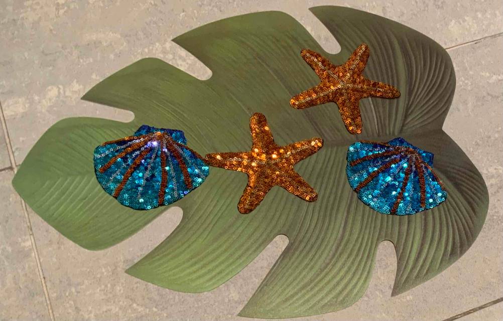 Patches getestet: Auf einem großen Blatt liegen Patches, zwei Seesterne und zwei Muscheln.