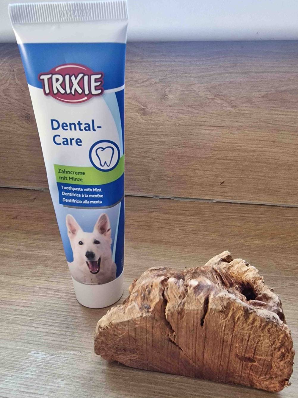 Zahnpflege-Hund-Test: eine Kauwurzel ist neben einer Tube Zahnpflege-Creme platziert.