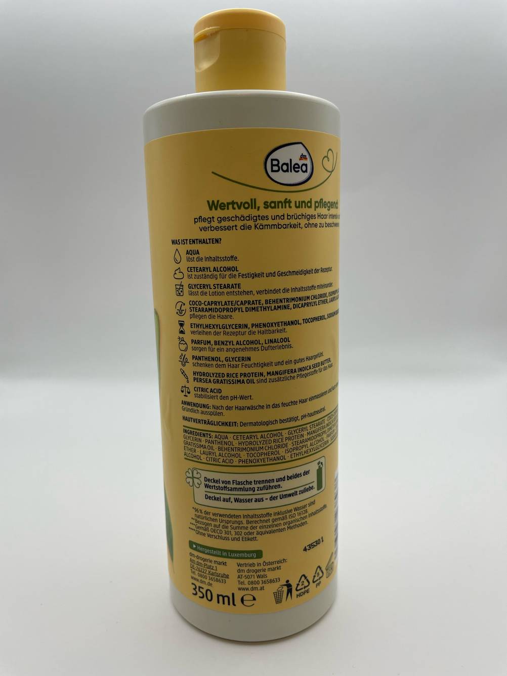 Rückseite der Verpackung des getetsten Haarbalsams der Marke Balea.