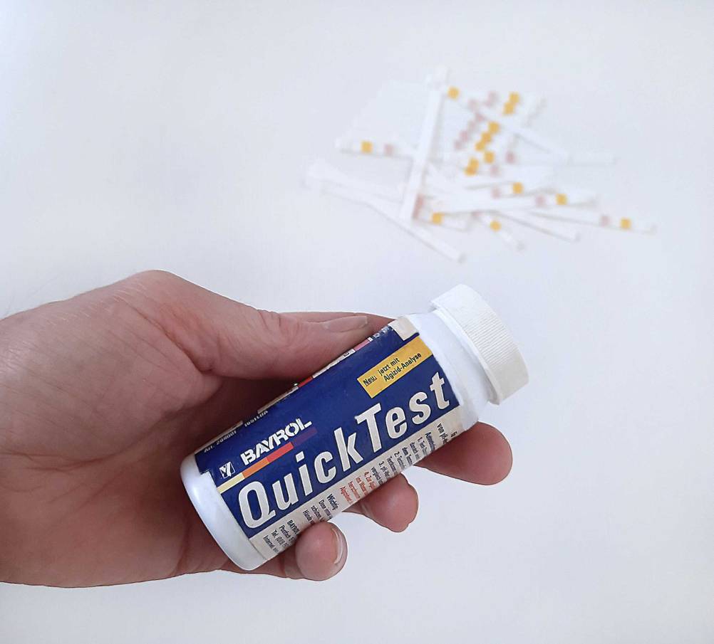 Die Verpackung der getesteten Pooltester wird in der Hand gehalten, während die Tests selbst im Hintergrund auf einem Tisch liegen.